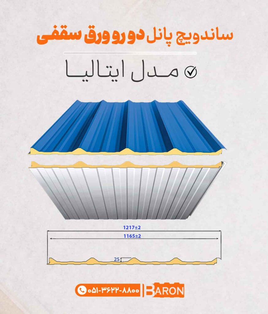 مشخصات فنی ساندویچ پانل سقفی شادولاین دو رو ورق مدل ایتالیا با عایق پلی یورتان PUR یا PIR – آریا بارون