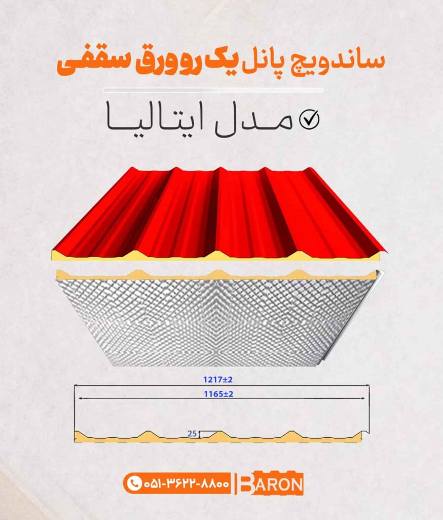 مشخصات فنی ساندویچ پانل سقفی شادولاین یک رو ورق مدل ایتالیا با عایق پلی یورتان PUR یا PIR – آریا بارون