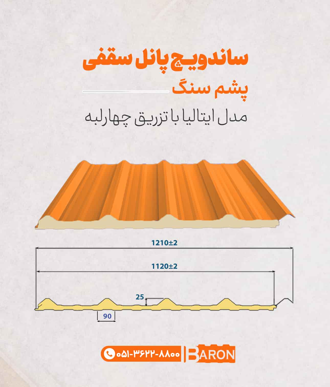 مشخصات فنی ساندویچ پانل سقفی شادولاین دو رو ورق مدل ایتالیا با عایق پشم سنگ