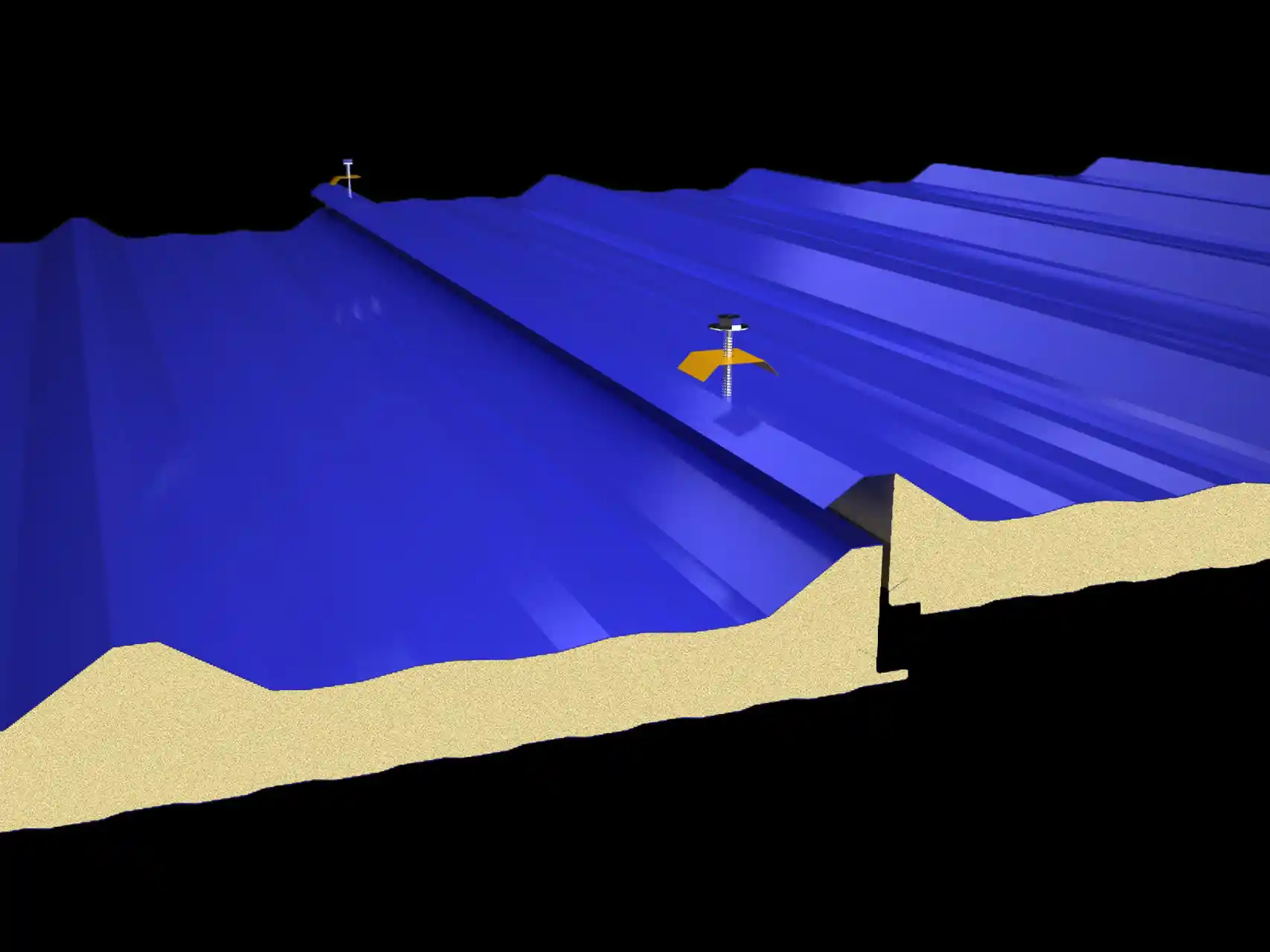 نمای نزدیک از ساندویچ پانل سقفی شادولاین مدل ایتالیا با عایق پلی‌یورتان PUR یا PIR
