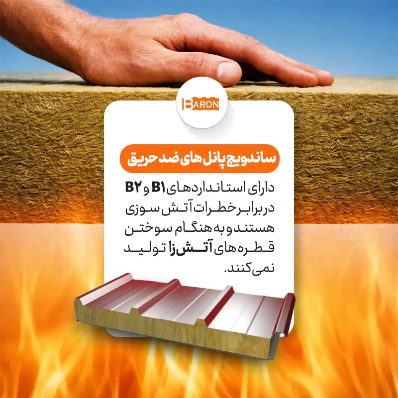 خصوصیات ساندویچ پانل پشم سنگ آریا بارون؛ پانل ضدحریق با استاندارد B1 و B2